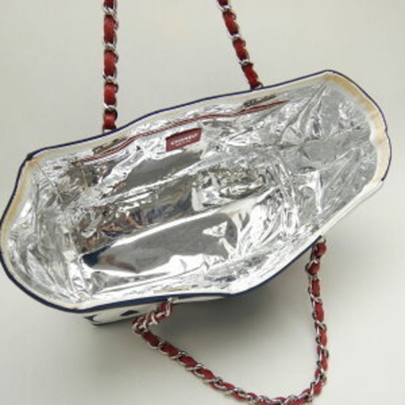 CHANEL Coco Mark Chain Tote Bag Canvas Leather Navy Blue White - Picture 5 of 8